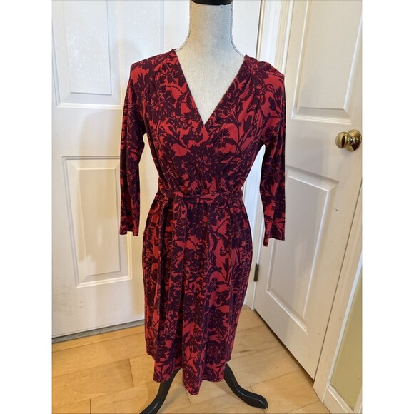 Lands' End Dresses & Skirts - RED FLORAL Lands End stretch cotton faux wrap longsleeved Dress Size S 6-8